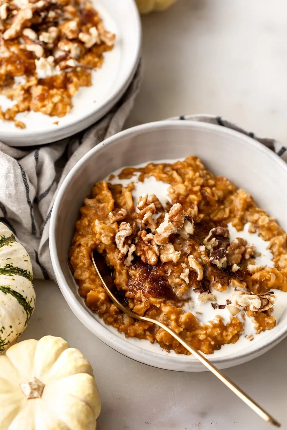 Pumpkin Pie Oatmeal topped with walnuts
