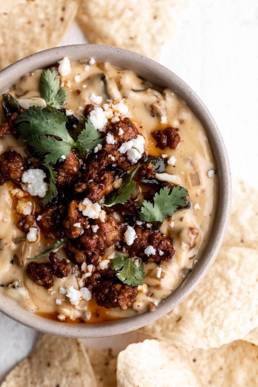 Quesorizo chorizo queso with tortilla chips.