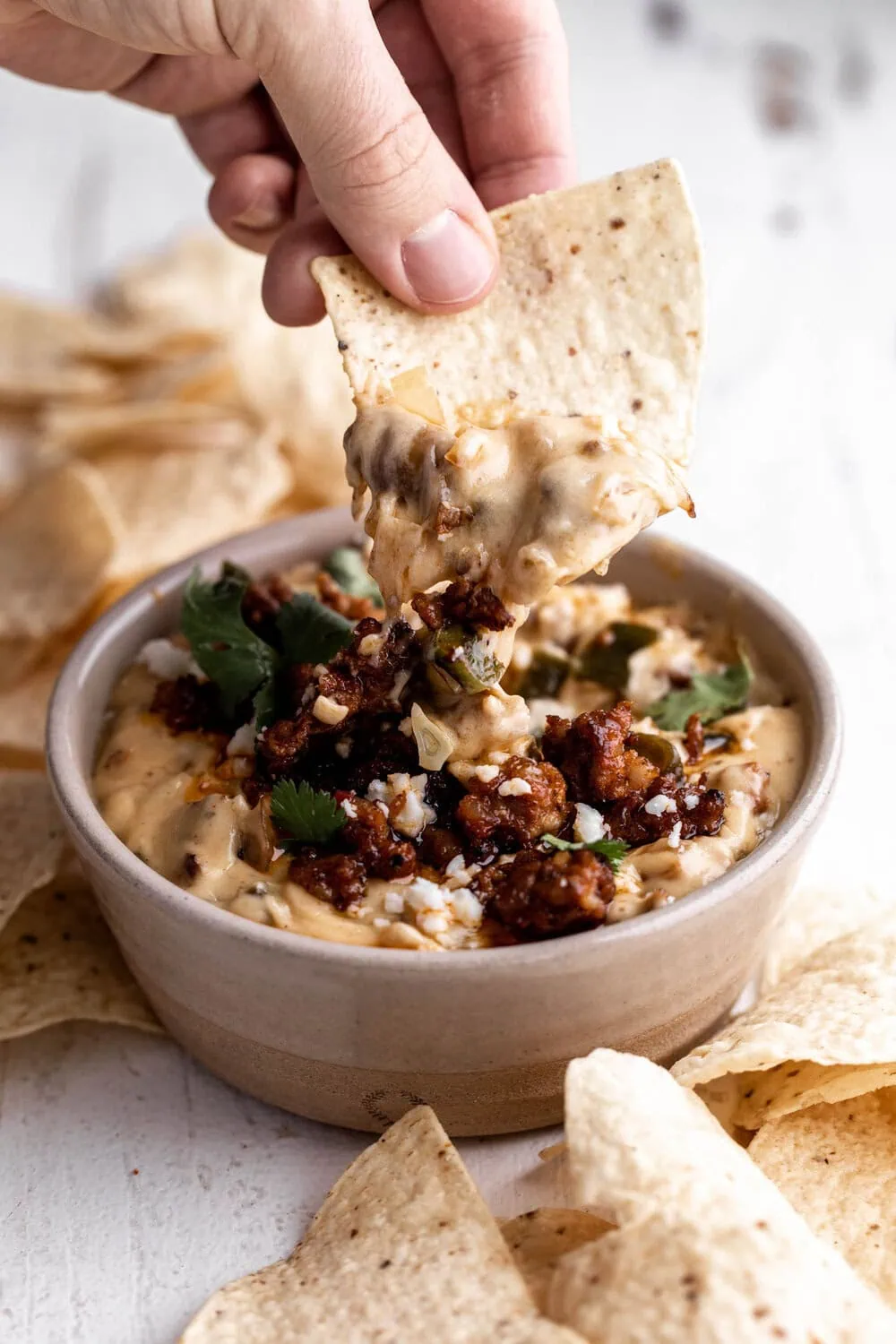 Quesorizo chorizo queso with dipped chip 