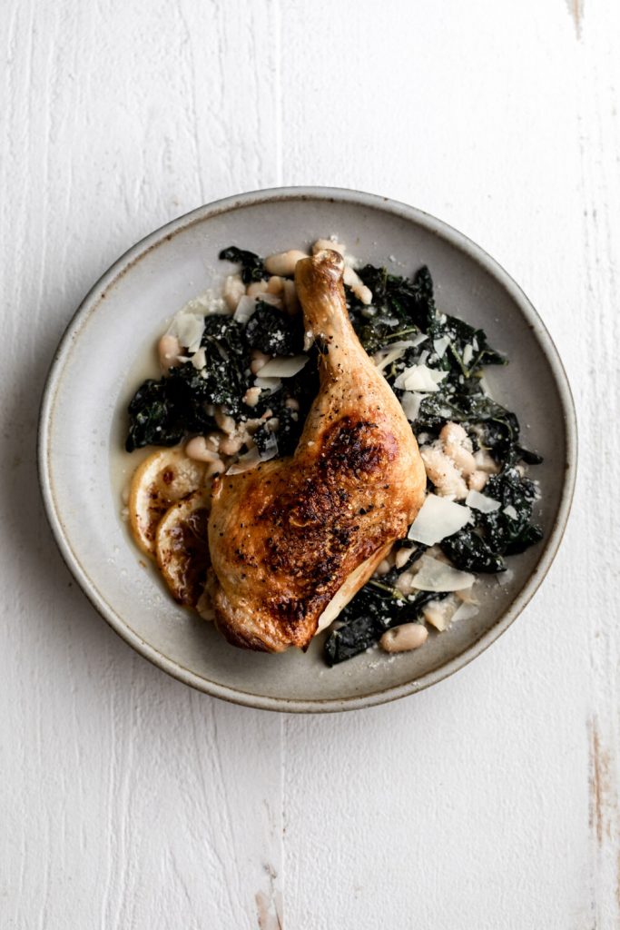 Roast Chicken Legs with Braised Kale and White Beans