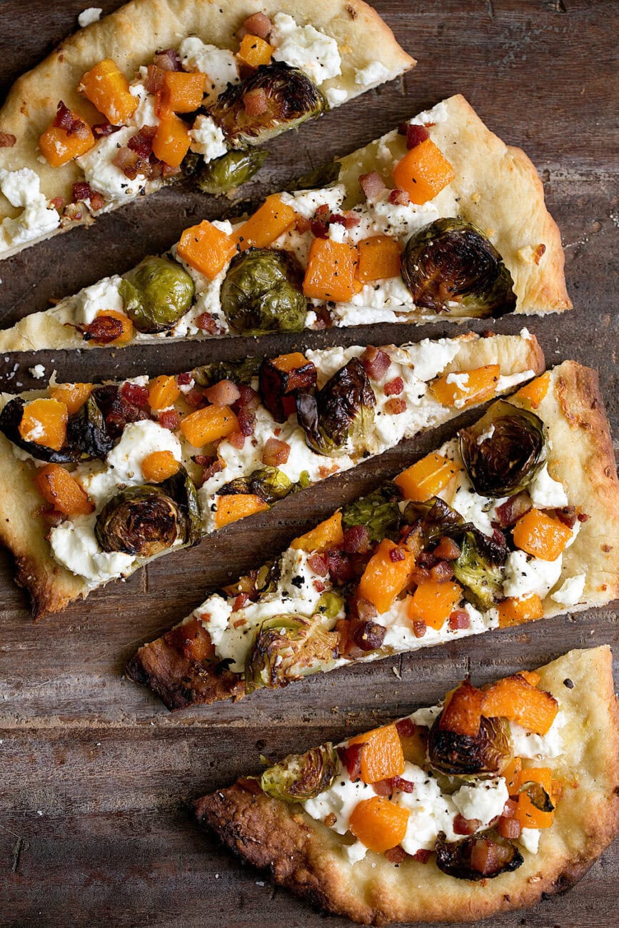 Roasted butternut squash and roasted balsamic brussels sprouts flatbread.