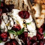 Roasted Strawberries with Burrata & Balsamic with grilled bread.