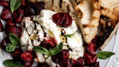 Roasted Strawberries with Burrata & Balsamic with grilled bread.
