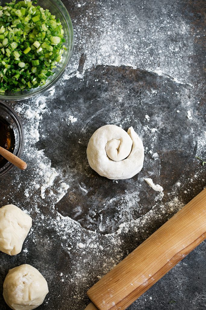 Chinese-style scallion pancake dough coiled step 4