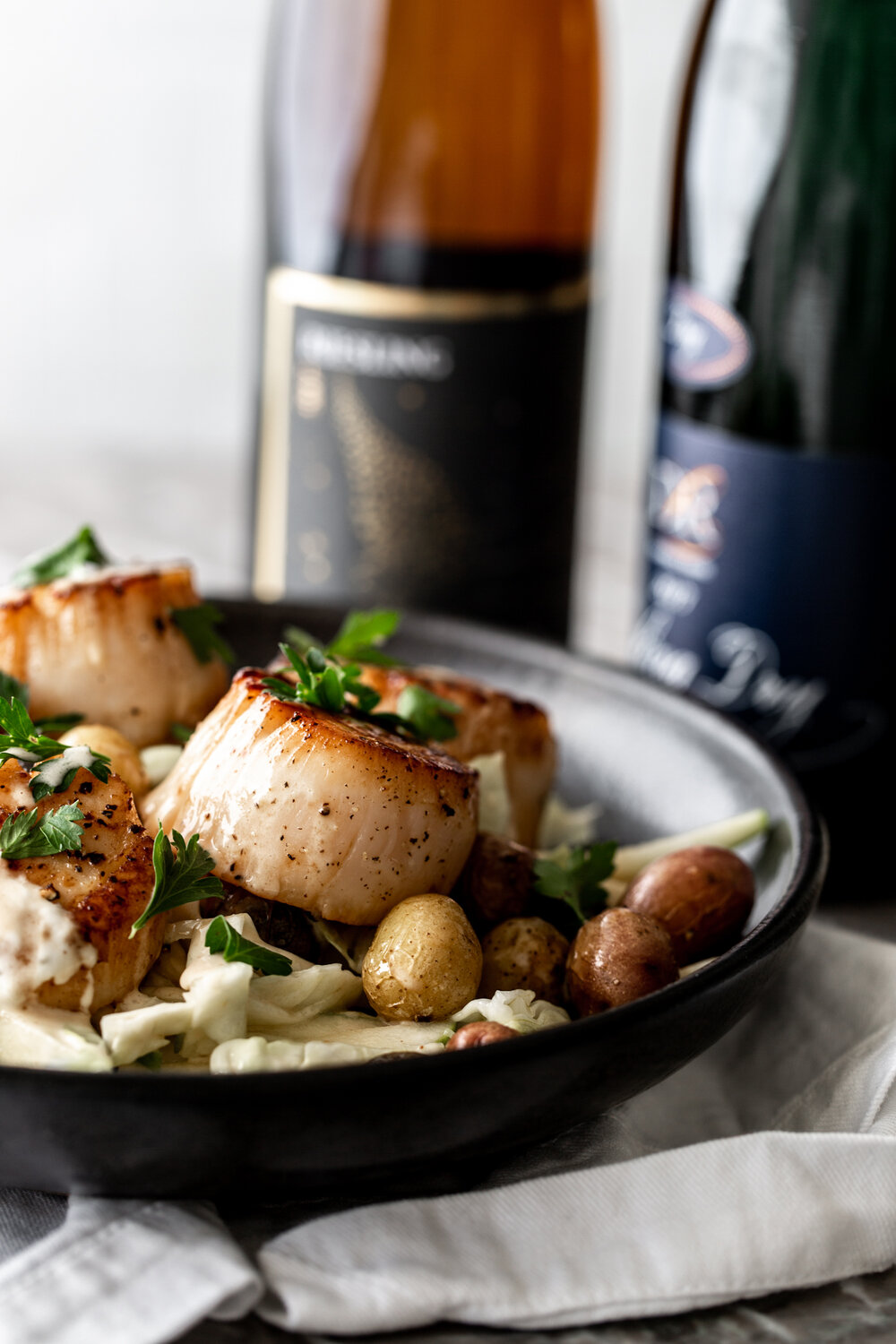 Seared Scallops with Green Apple Slaw, Roasted Potatoes & Lemon Butter Pan Sauce Paired with German Riesling