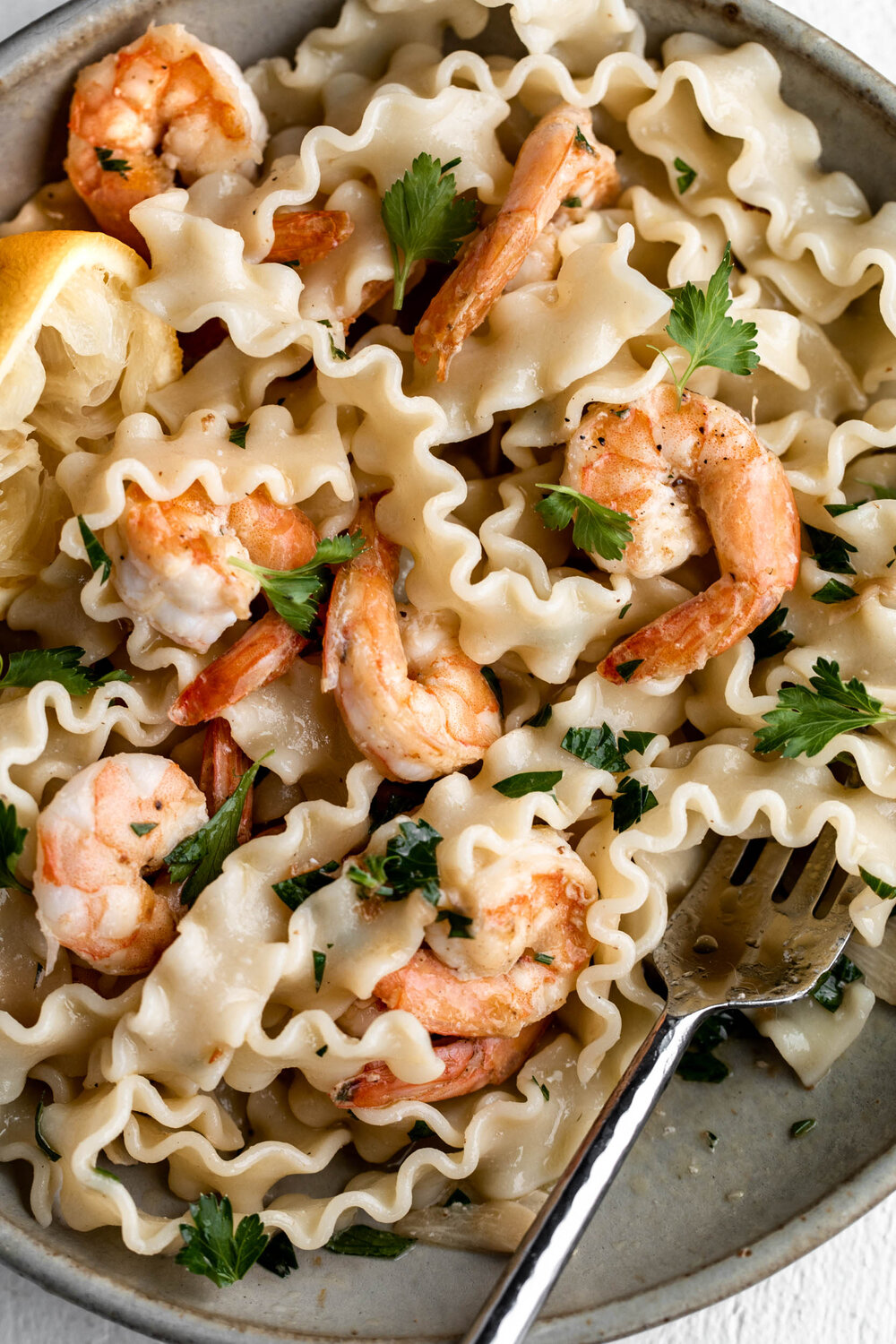 Shrimp Scampi pasta recipe with shrimp and mafalde pasta