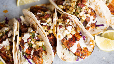 southern blackened catfish tacos with fried corn and old bay aioli.
