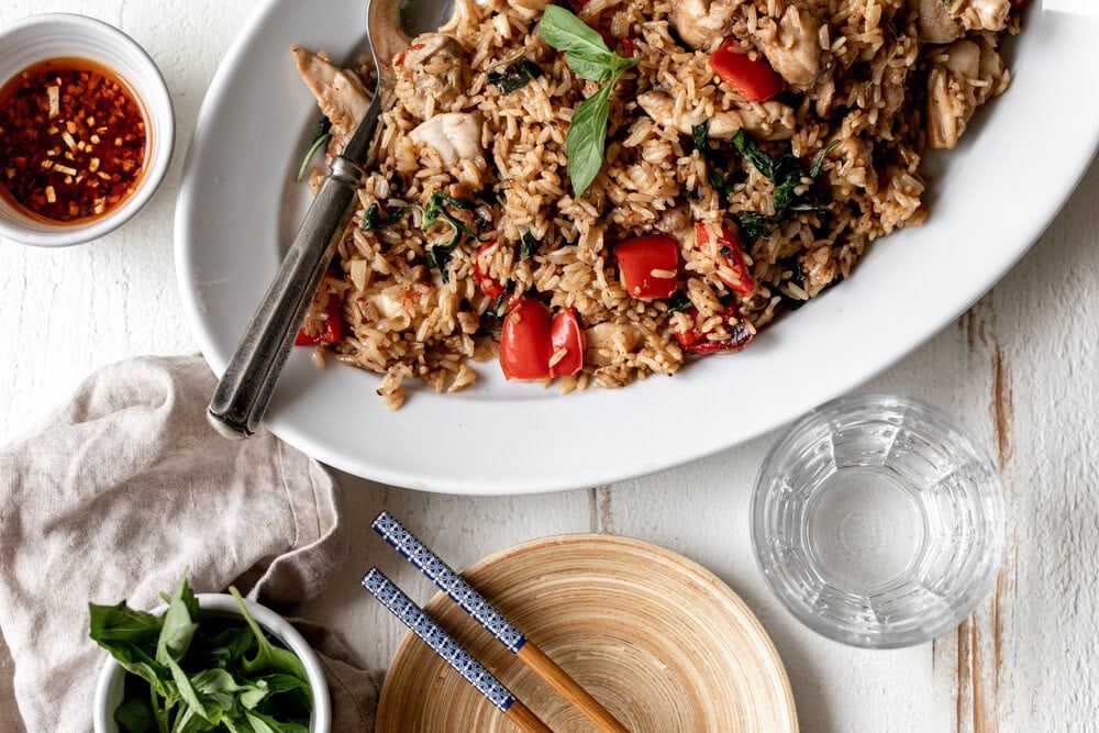 Spicy Basil Fried Rice with Chicken Cooking with Cocktail Rings