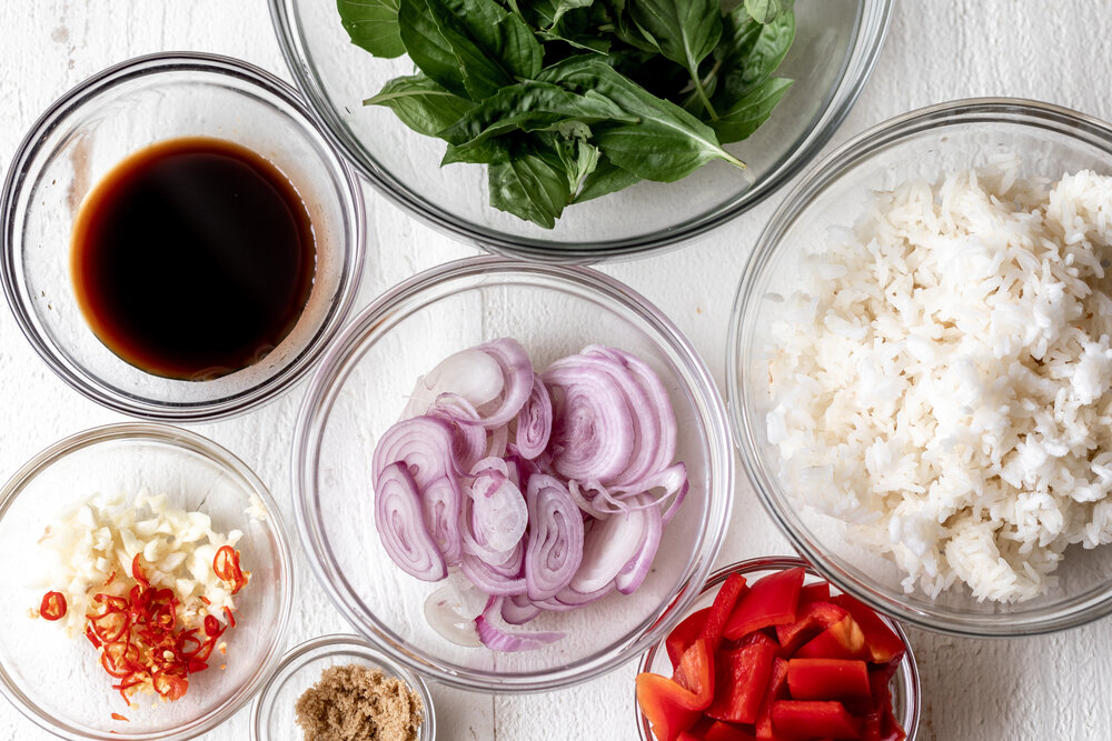 Spicy Basil Fried Rice with Chicken ingredients in bowls 