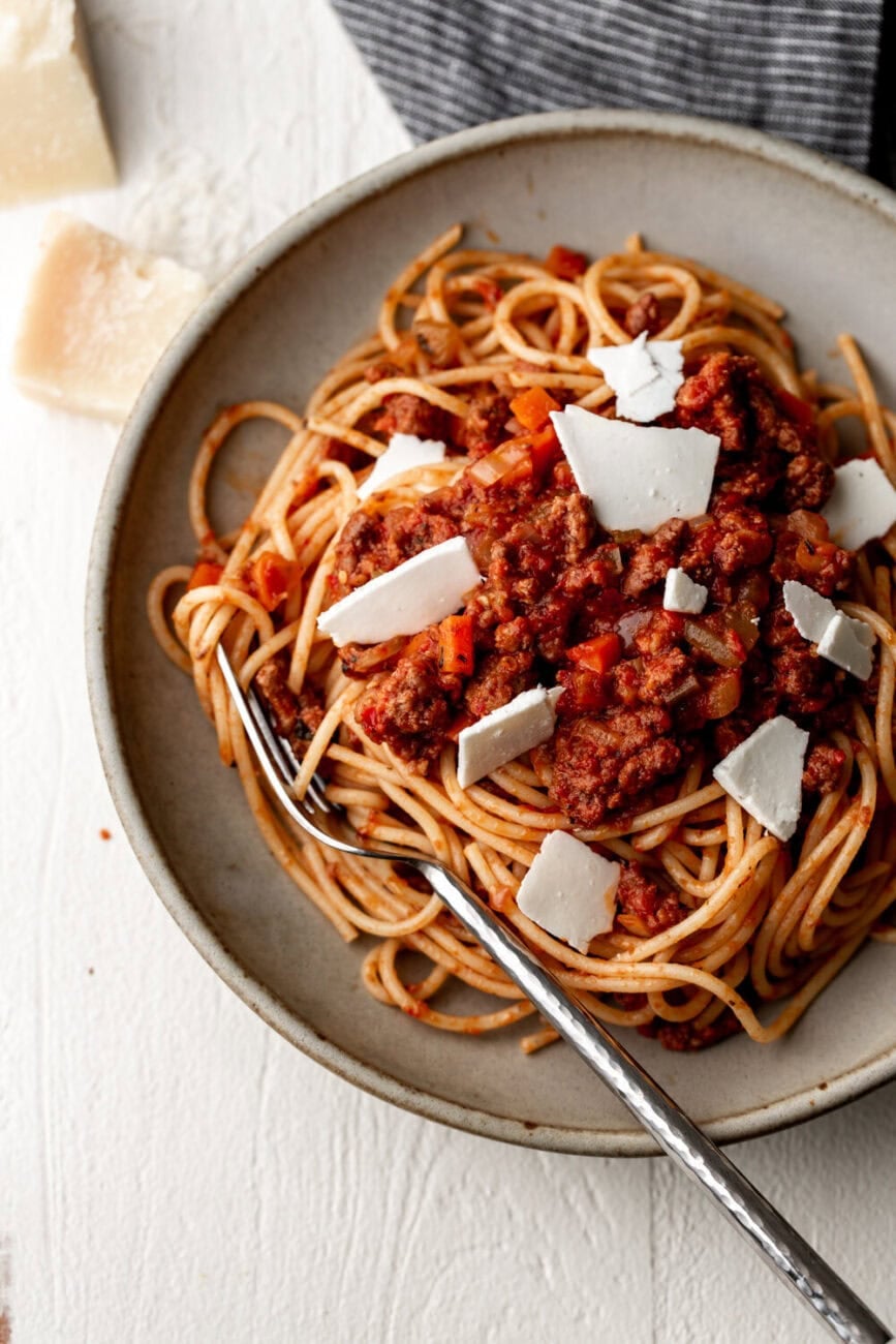 Spicy Calabrian Chili Beef Ragu spaghetti.