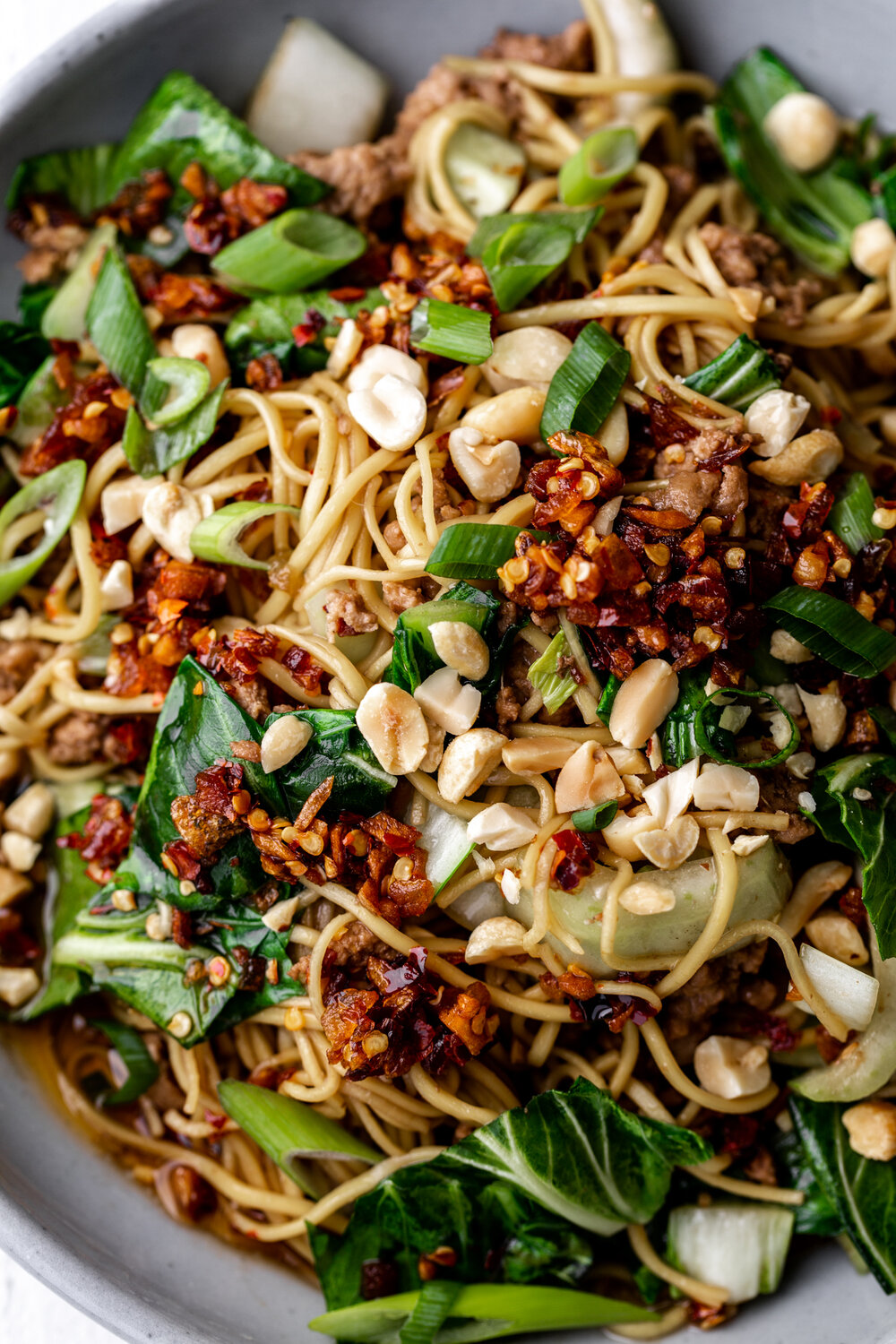 Spicy Dan Dan Noodles with Bok Choy & Crunchy Chili Oil