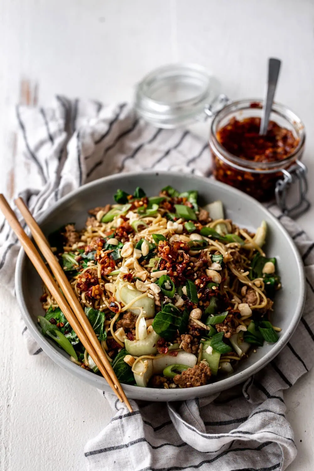 Spicy Dan Dan Noodles with Bok Choy and Crunchy Chili Oil