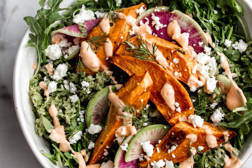 Spicy Green Herbed Crispy Rice Sweet Potato Bowl with Spicy Yogurt and watermelon radish