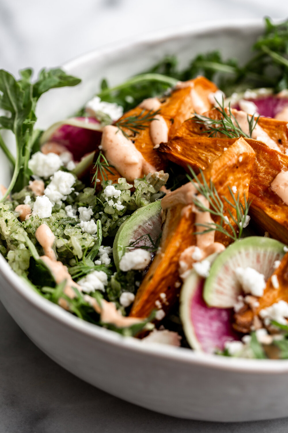 Spicy Green Herbed Crispy Rice Sweet Potato Bowl with Spicy Yogurt