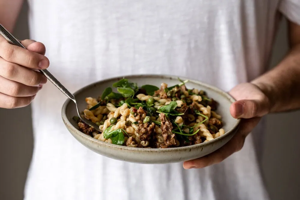 Spring Lamb Pasta with Peas and Greens American Lamb in bowl 