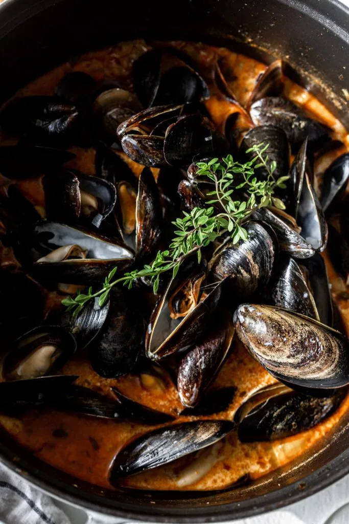 Steamed Mussels in Saffron Chorizo Broth with thyme