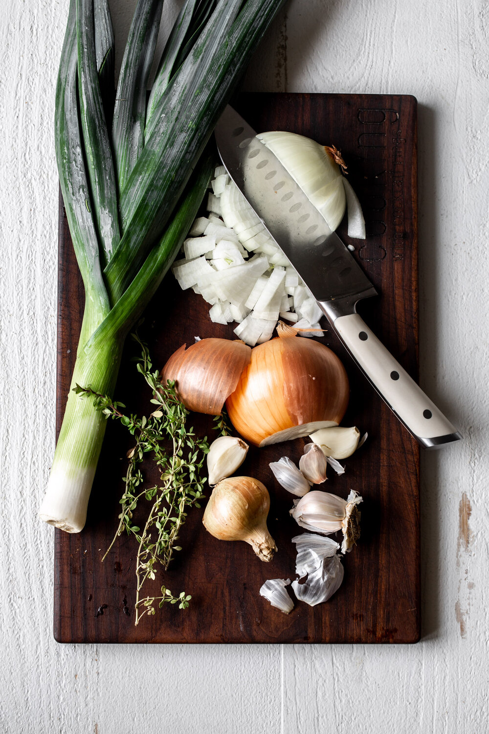 diced onion leeks and garlic