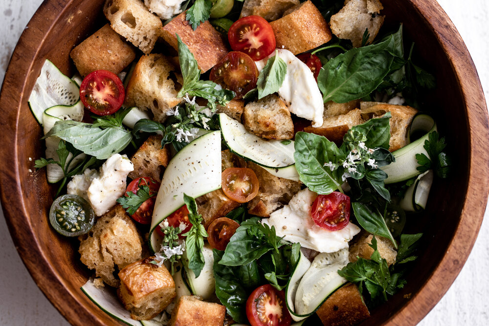 Summer Panzanella Salad with cherry tomatoes 