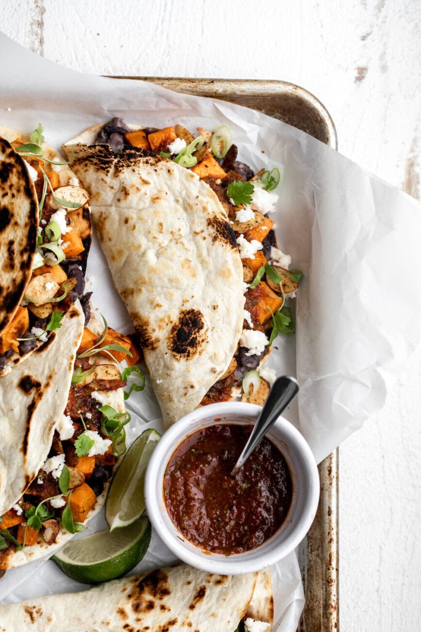 Sweet Potato and Black Bean Tacos with Chili Lime Almonds.