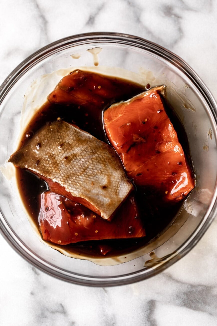 salmon fillets marinated in homemade teriyaki.