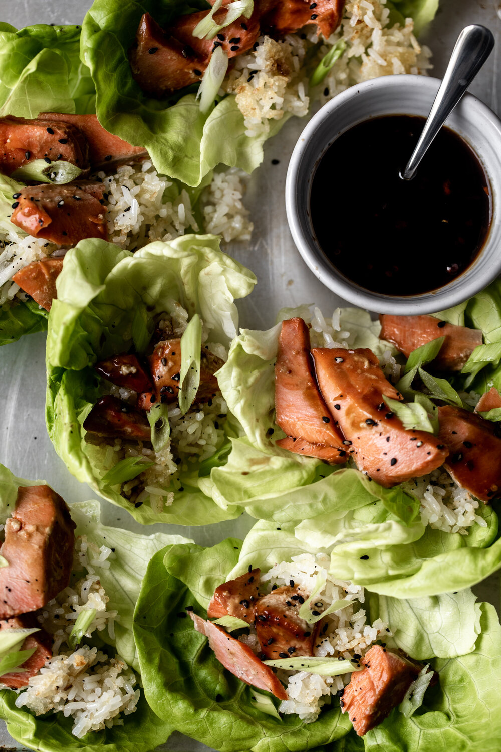 Sweet and Spicy Teriyaki Salmon Lettuce Wraps with butter lettuce