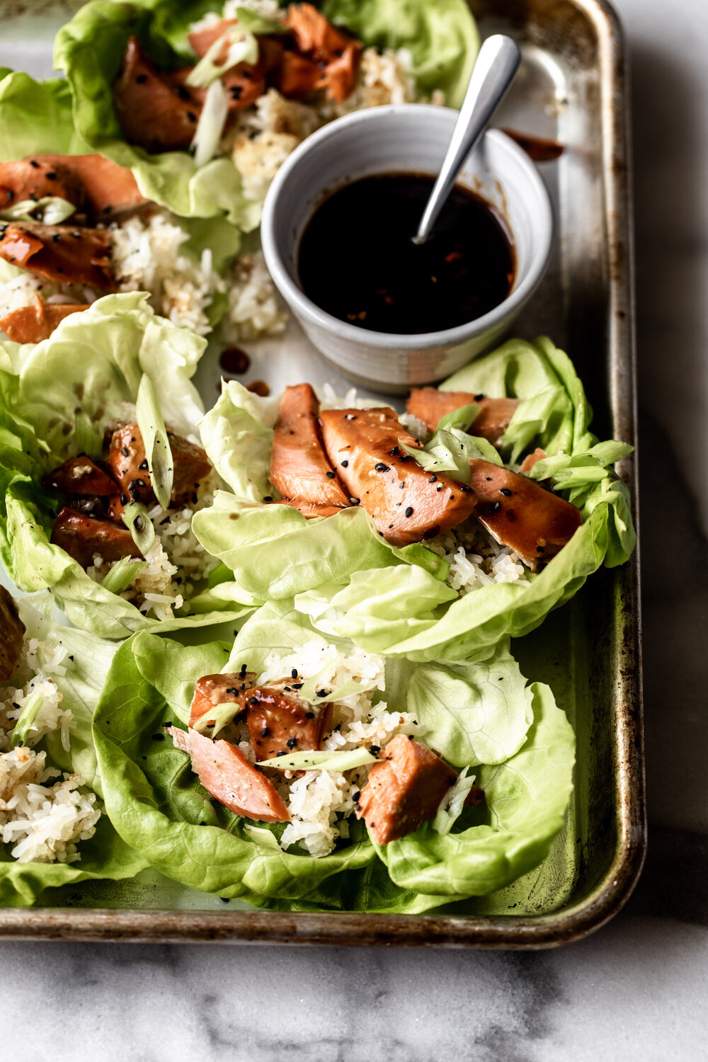 Sweet and Spicy Teriyaki Salmon Lettuce Wraps recipe 