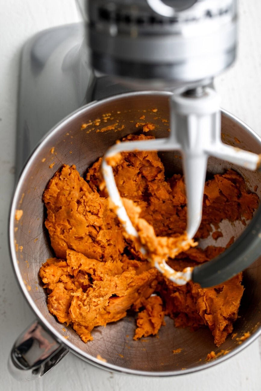 mashed sweet potato filling in stand mixer.