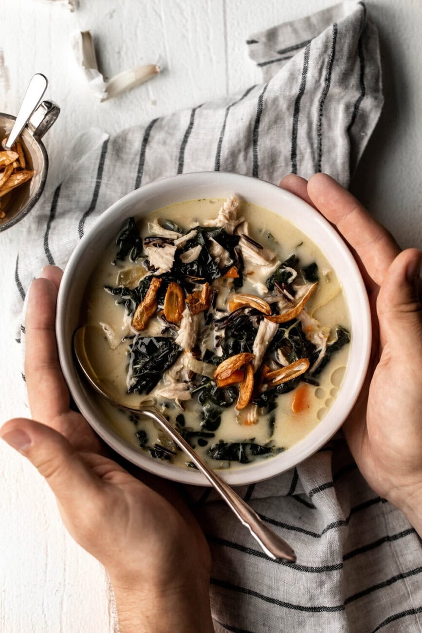 Turkey and Wild Rice Soup with Garlic Oil.