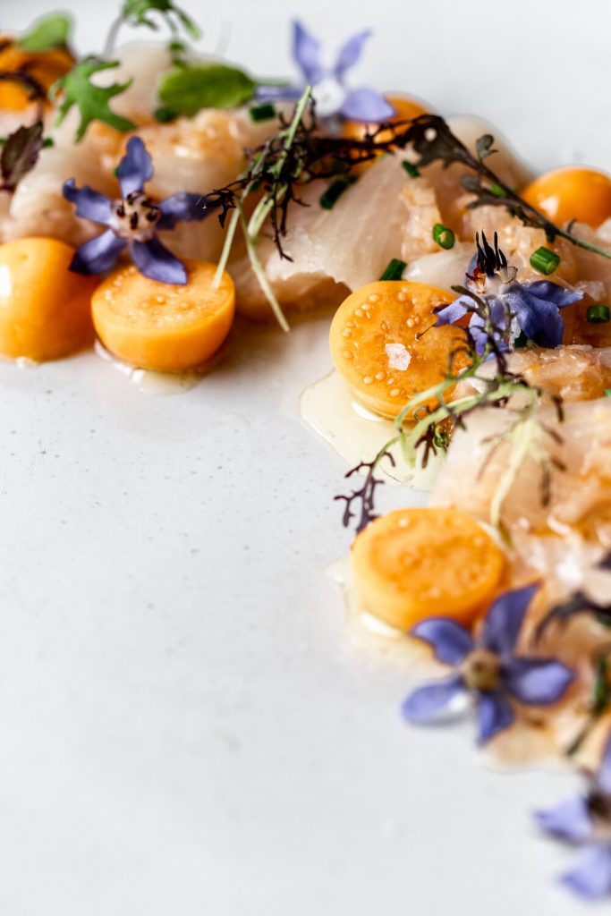 Yellowtail Crudo with Mandarin and Gooseberries - Menus for Valentines Day at Home