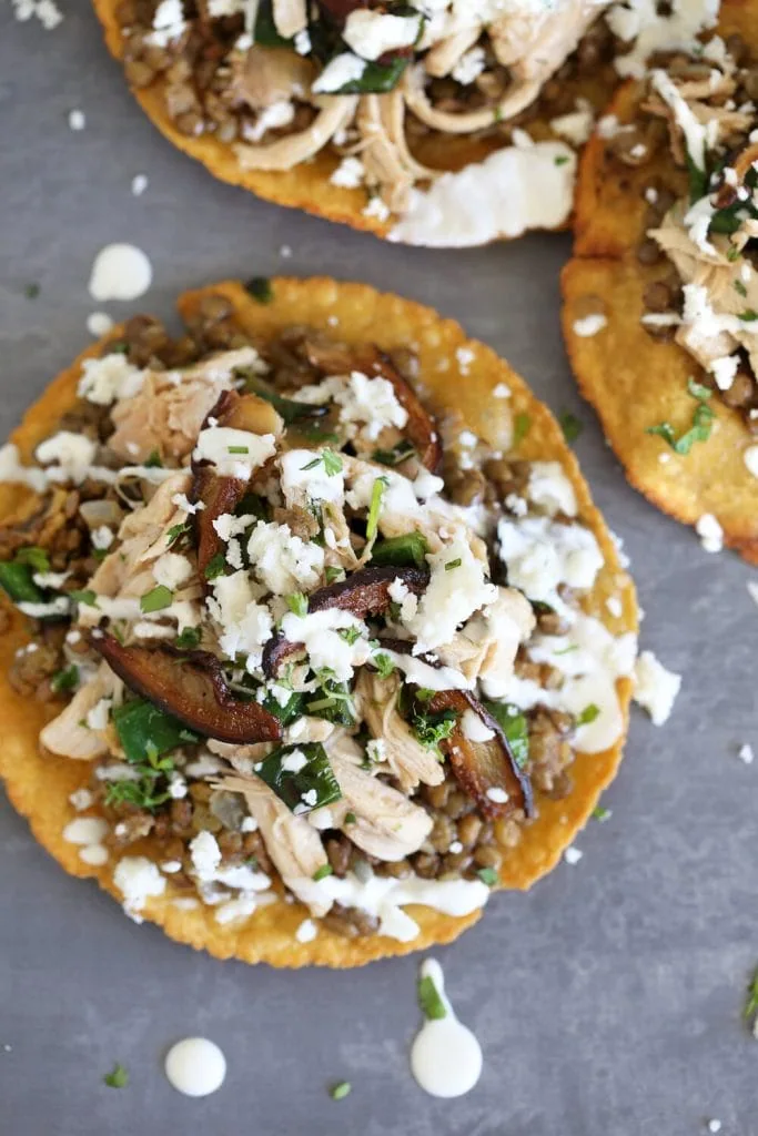 Cilantro Lime Braised Chicken Tostada with Refried Lentils.