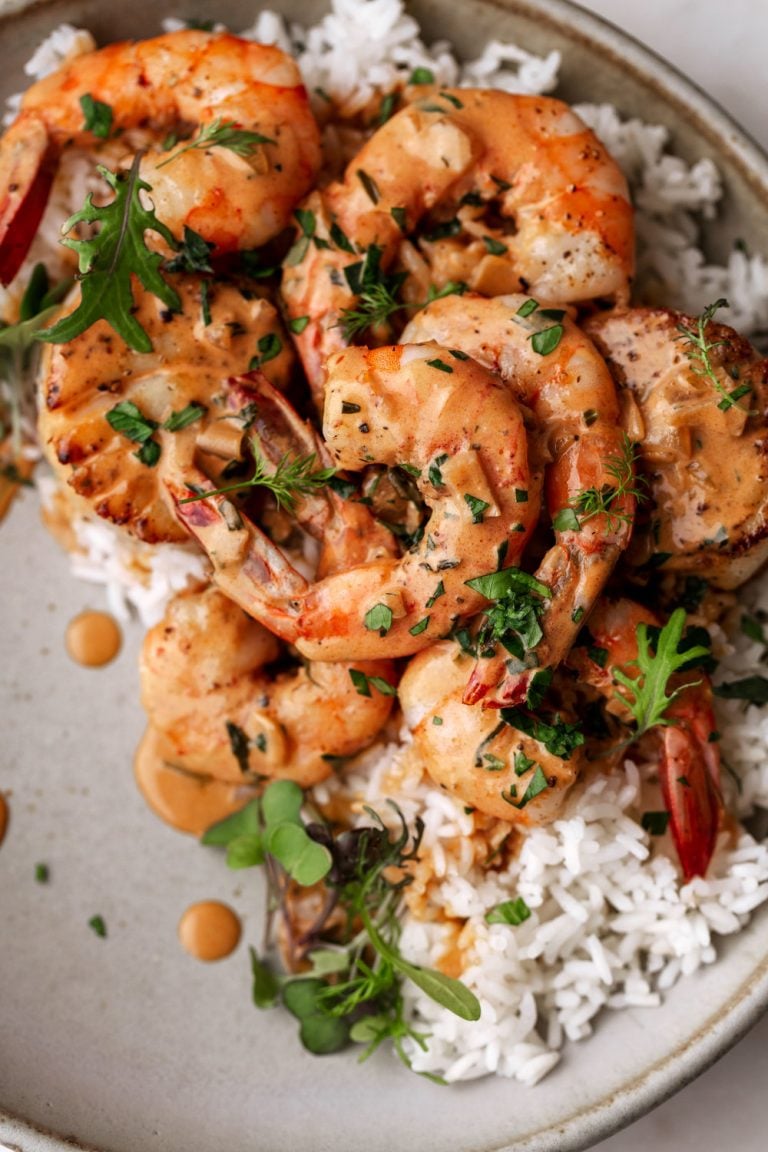 Creamy Seafood Sauce Over Shrimp & Scallops Cooking with Cocktail Rings