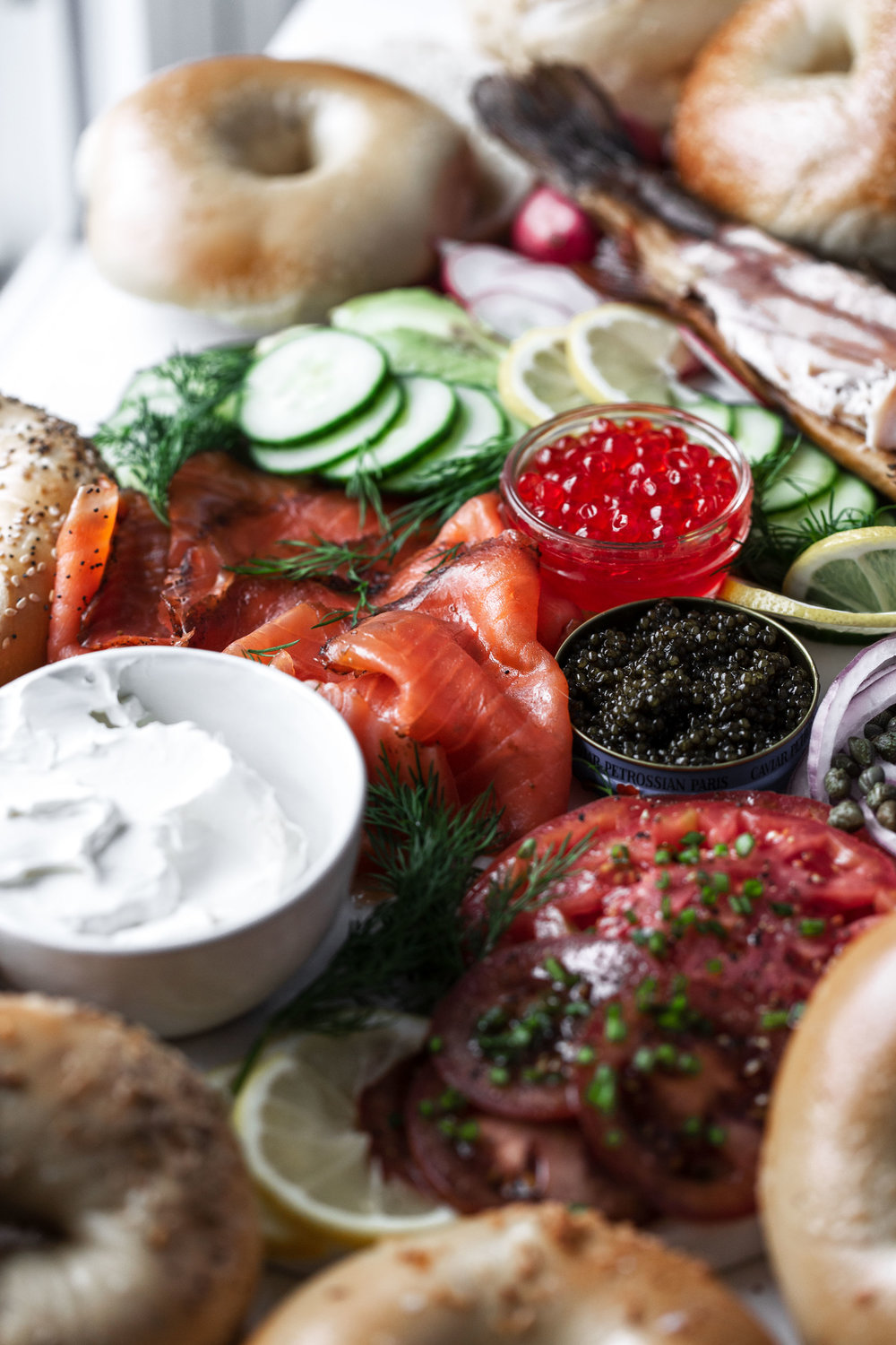 How to Host a Bagel Brunch with smoked salmon cream cheese and caviar