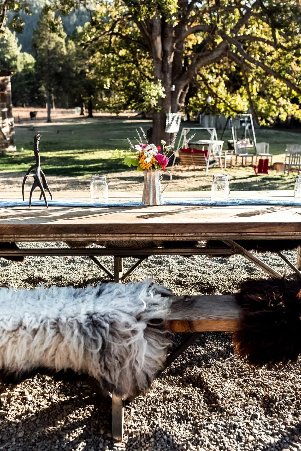 wood benches and sheepskin