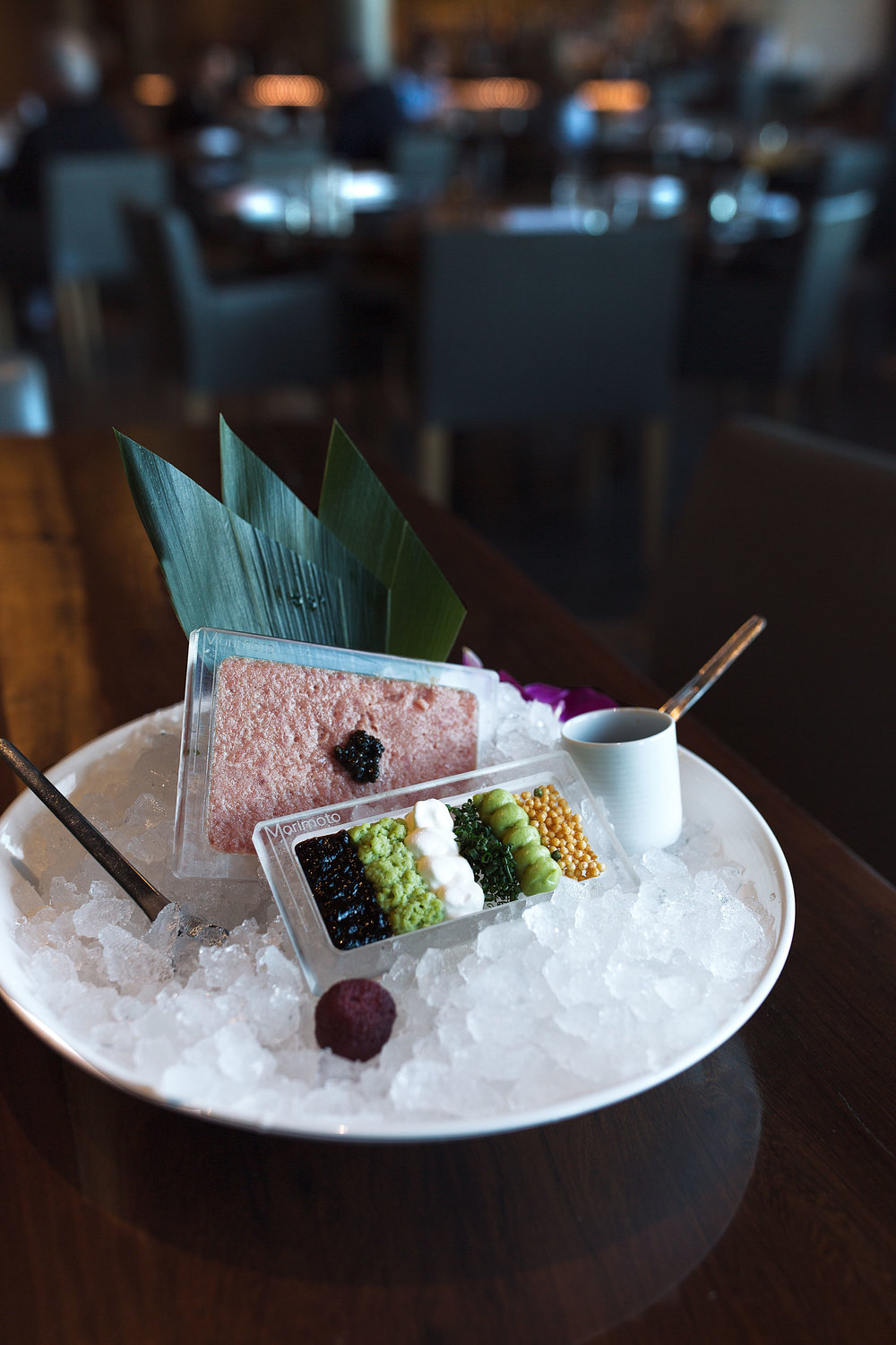 toro tartare with garnishes on ice morimoto napa ca