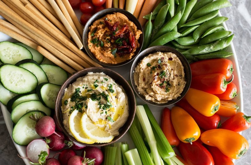 closeup hummus trio.