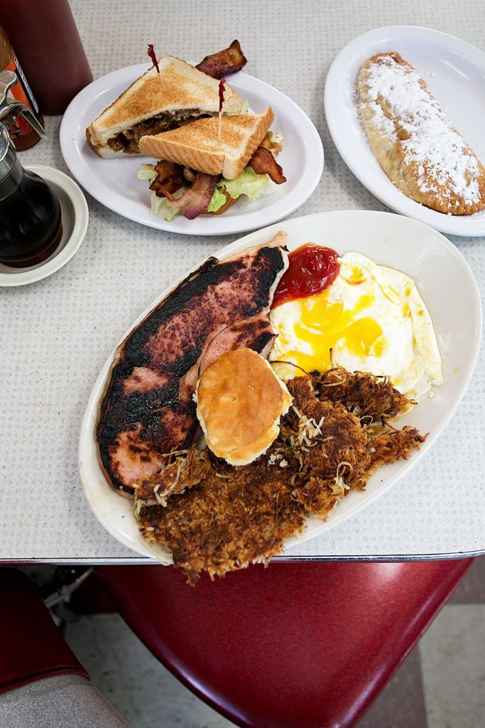 southern breakfast at rama jama's with hash browns eggs and biscuit