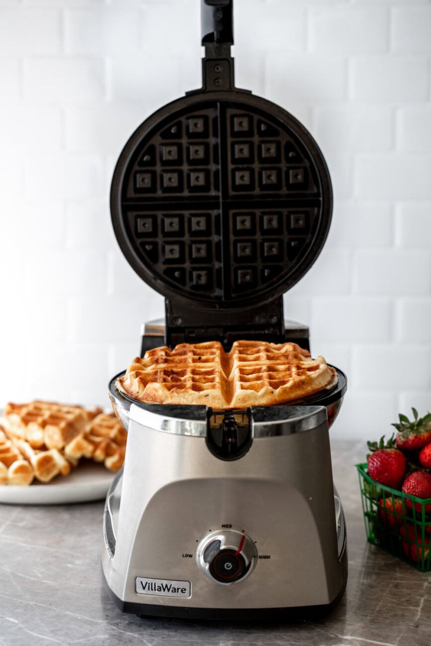 Yeasty Overnight Waffles in waffle maker.