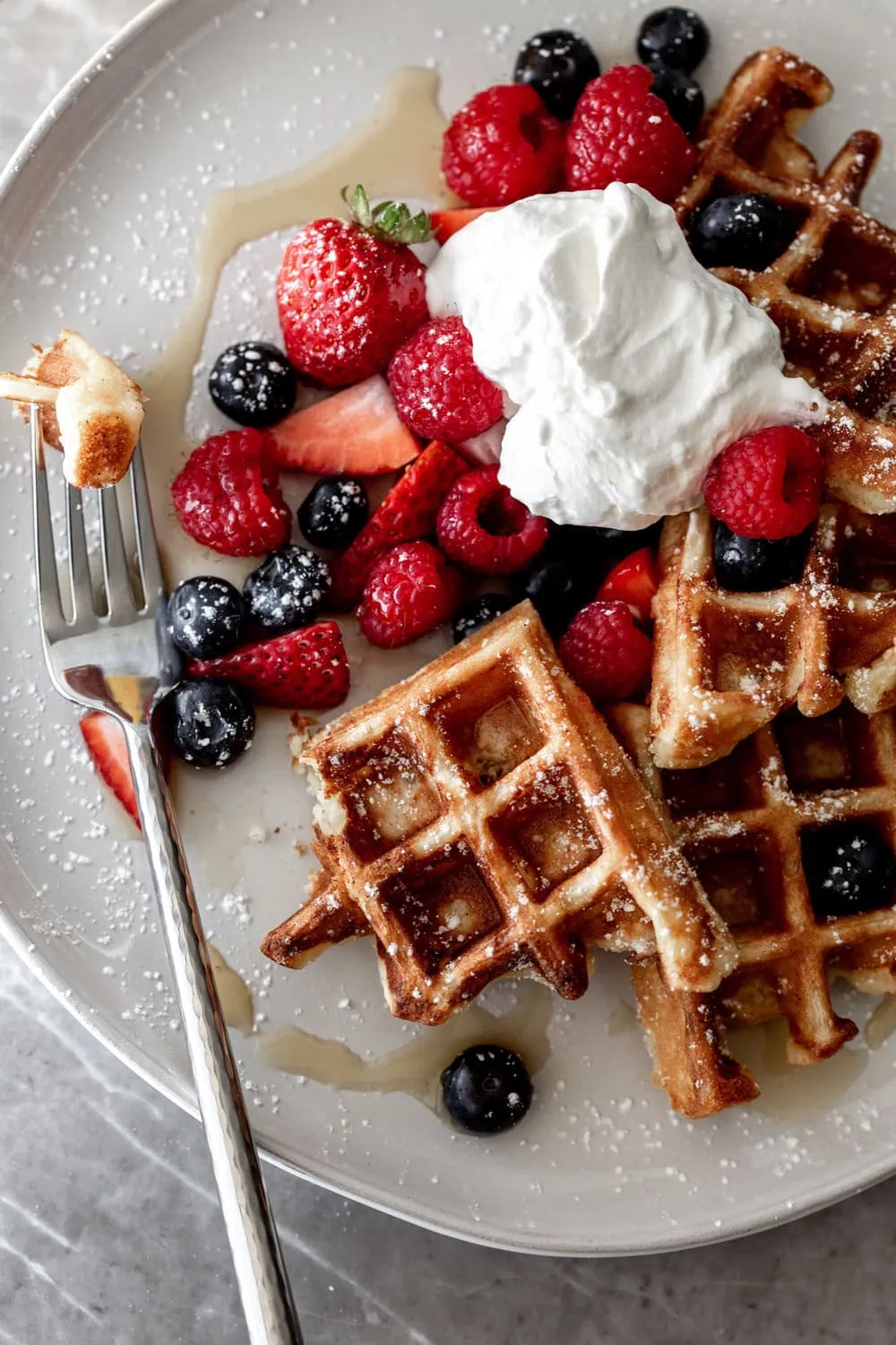 yeasty overnight waffles on fork 