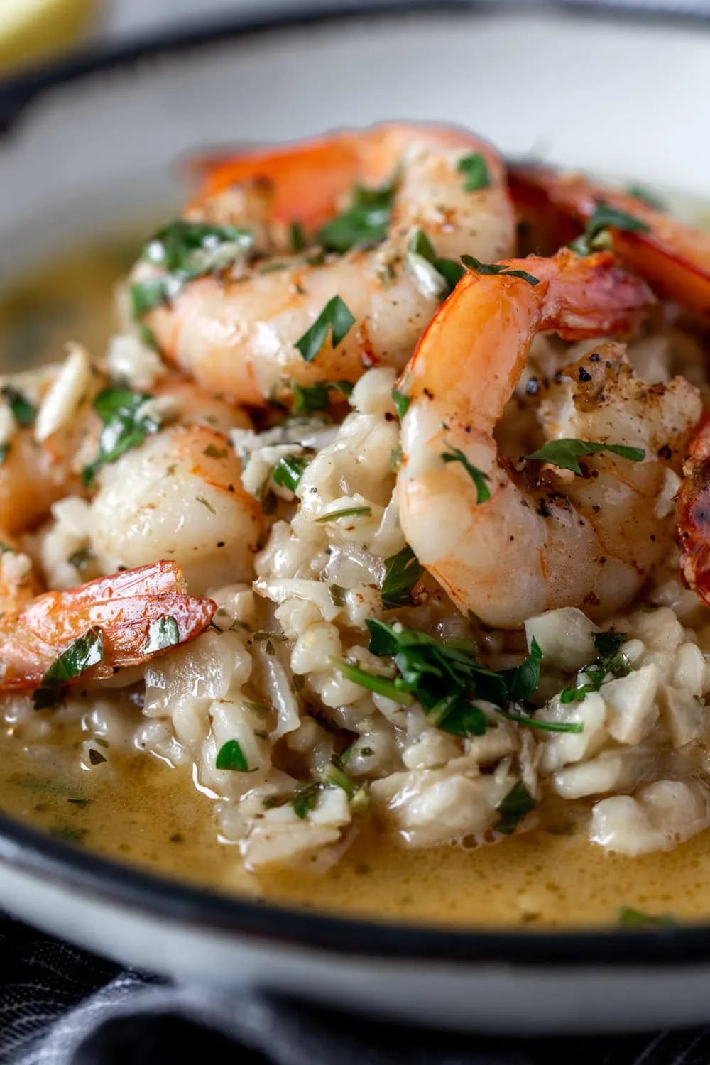shrimp scampi risotto recipe from cooking with cocktail rings closeup