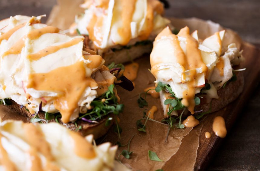 Turkey apple and brie open face sandwiches.