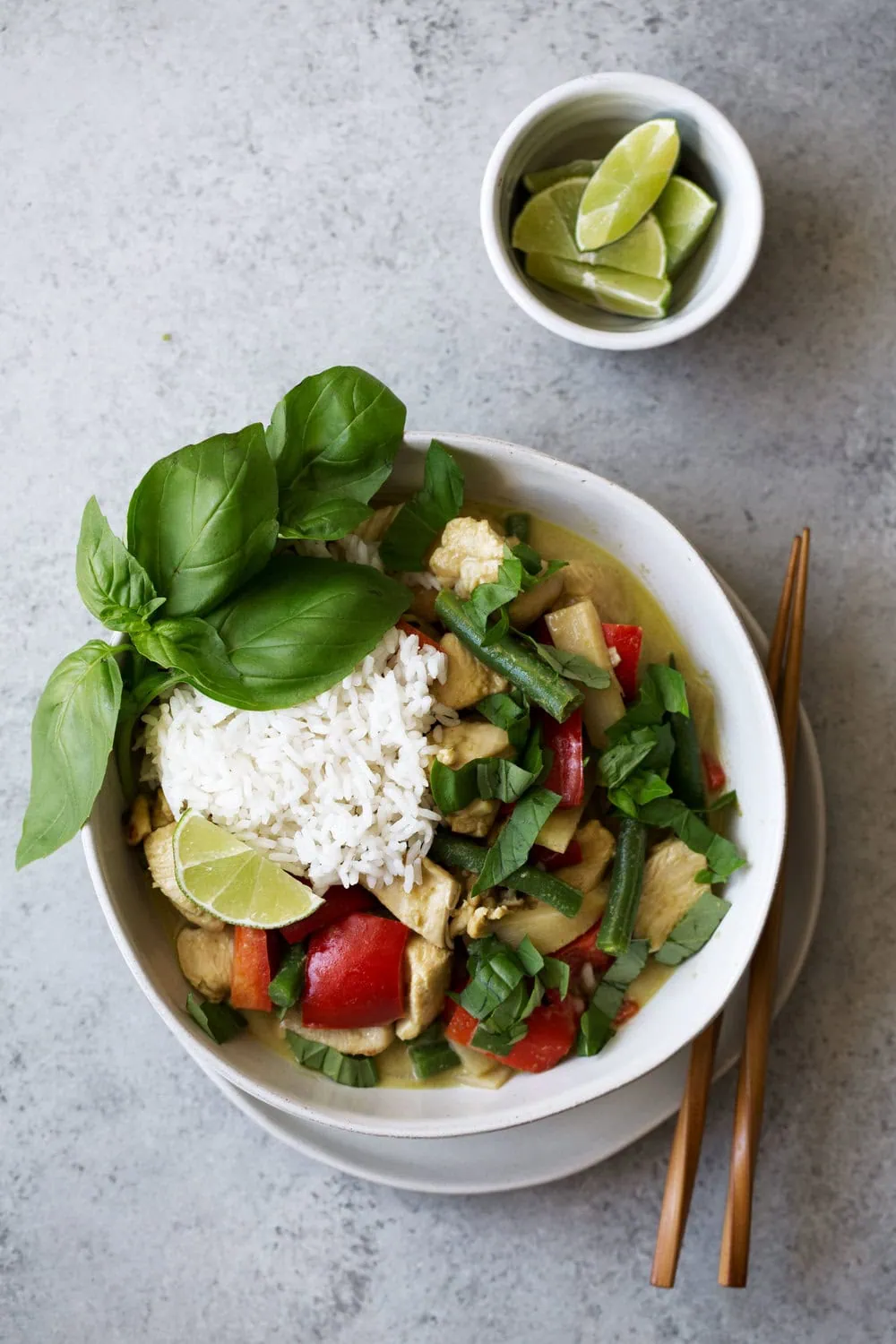 thai green curry chicken with rice cooking with cocktail rings