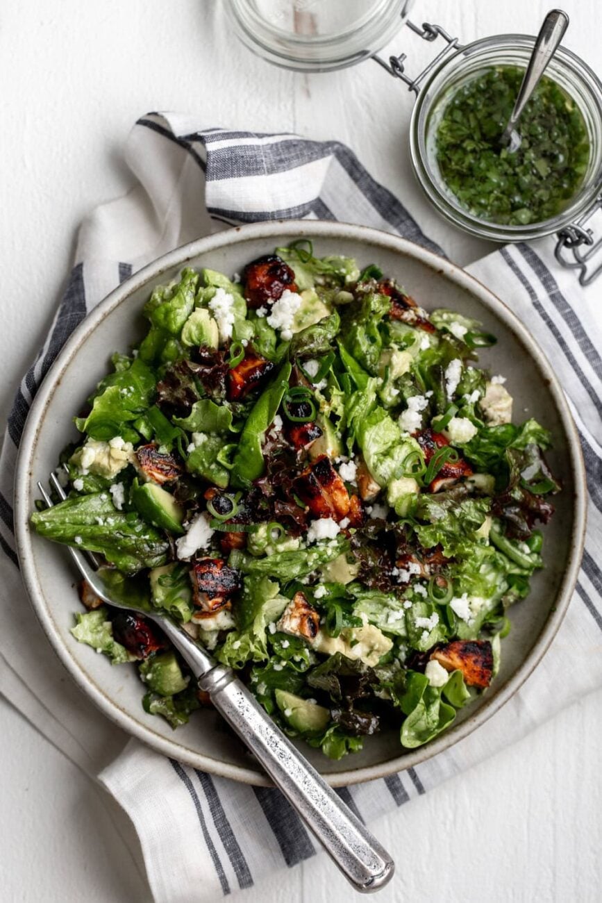 Chipotle BBQ Chicken salad with cilantro lime dressing recipe with queso fresco.