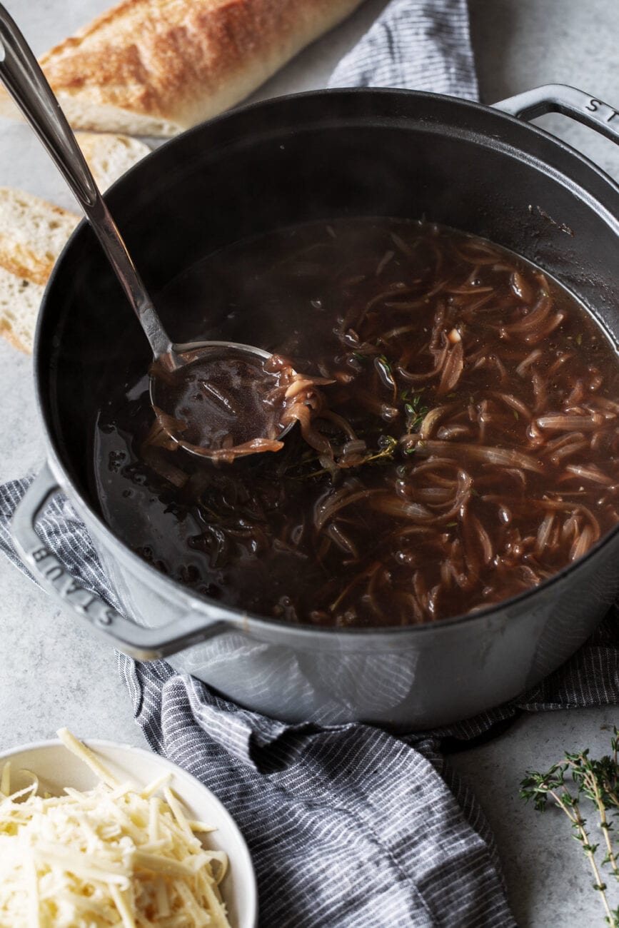 french onion soup simmered in pot.