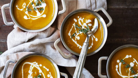 butternut squash soup with maple cream drizzle.