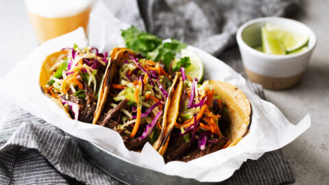 Braised korean beef tacos in corn tortillas.