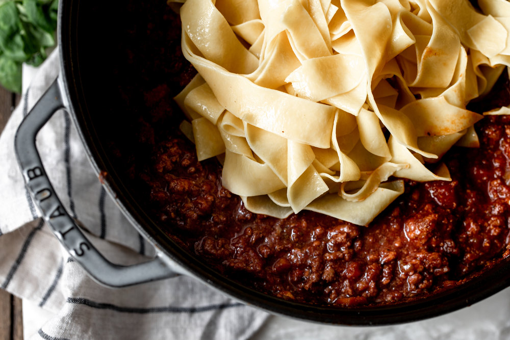 Bolognese sauce over Pappardelle recipe from Cooking with Cocktail Rings