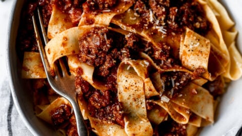 slow simmered 4-ingredient bolognese over papardelle pasta.