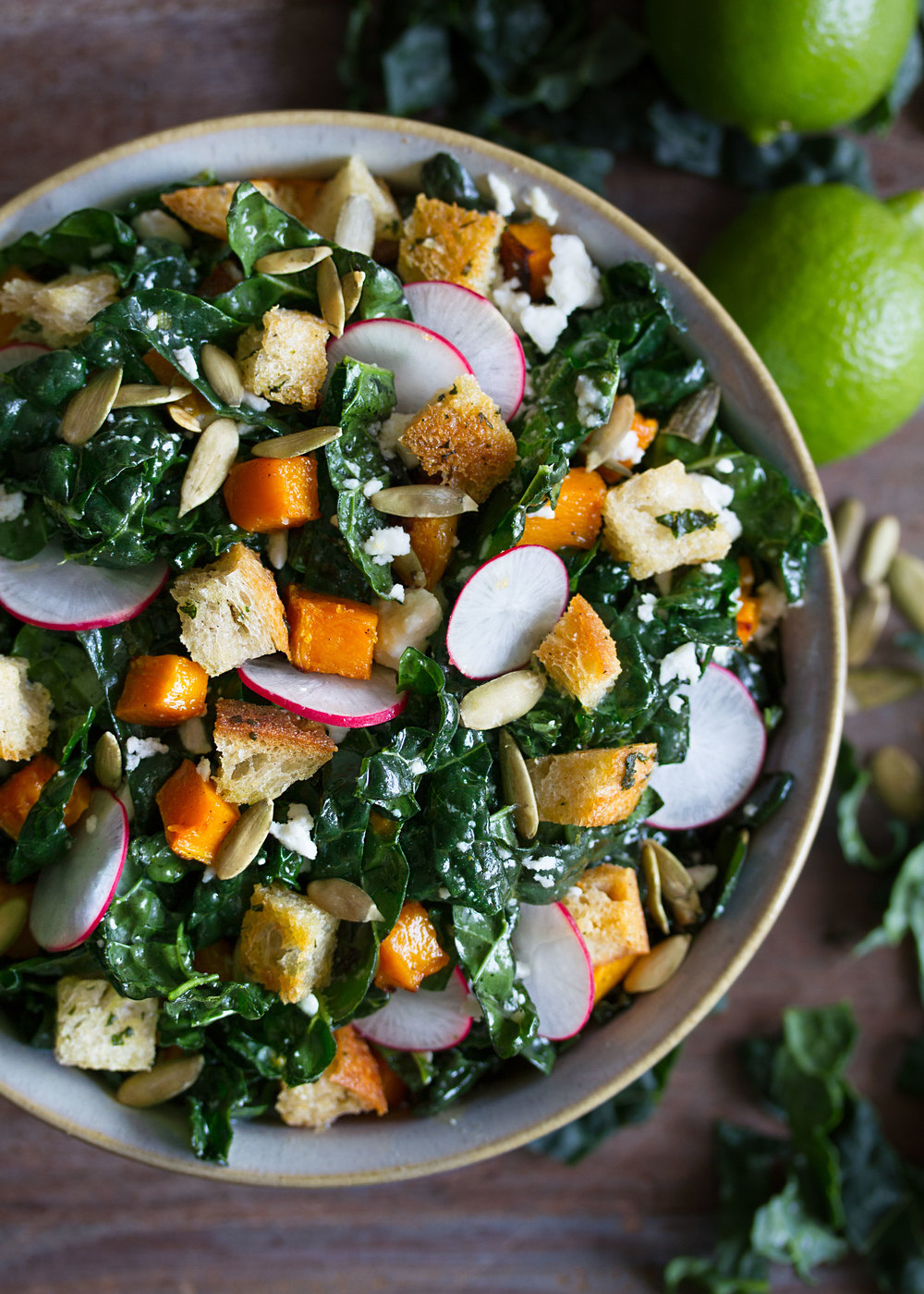 Mexican kale salad with butternut squash and croutons