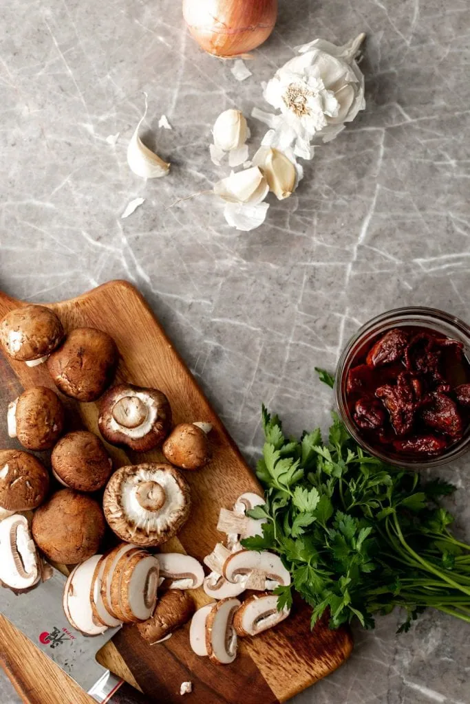 sun dried tomatoes, mushrooms and parsley ingredient shot