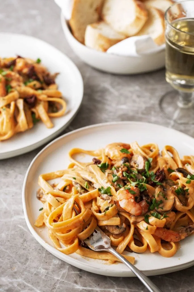 Fettuccine with Shrimp and Sun-dried Tomato Cream Sauce on plate